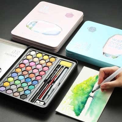 China 36 Colors Portable Travel Dye High Quality Solid Watercolor Paints Set With Brush Pen For Painting Art Supplies Watercolor 36 Colors for sale