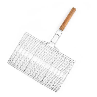 China Easily Cleaned Hamburger BBQ Grill Net Clip Square Iron Plating Wooden Handle BBQ Supplies BBQ Can Be Customized for sale