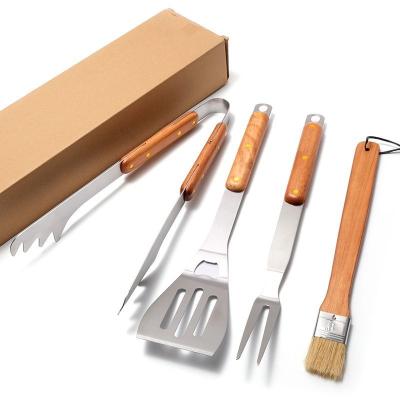 China BBQ Handle BBQ Tool Clip Fork Easily Cleaned Strong Rubber Wooden Shovel Set 4 Pieces For Family Travel BBQ Accessories for sale