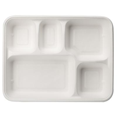 China Biodegradable Disposable Sugar Cane Pulp 5 Compartment Cutlery Cane Pulp Tray PlateTakeaway Box Can Be Customized for sale