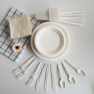 China Compostable Disposable Bagasse Flatware Bagasse Dinnerware Set Bagasse Disposable Knife Fork Spoon Dish Set Eco-friendly for sale