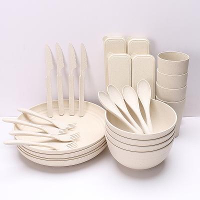 China Wheat Straw Disposable Biodegradable Tableware Set Biodegradable Portable Compostable Knife Fork And Spoon Set Customizable Logo for sale