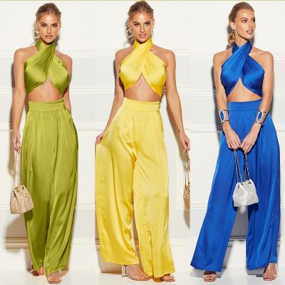 China 2021 Summer QUICK DRY women solid color chest limit pantsuit women wide leg bra crossover jumpsuit for sale