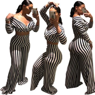 China Breathable Sexy Ladies Clothes 2Pc Set Long Sleeve Stripe Crop Tops Loose Pants Plus Size Women Pants Two Piece Set for sale