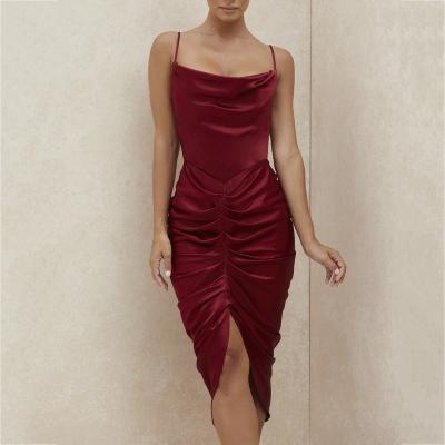 China Anti-Static Spaghetti Strap Backless Pleated Ruched Split Dress Women Fashion Satin Midi Dress Dresses Autumn for sale