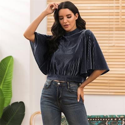 China MENGMUGE Elegant Women Blouses Breathable Tops Stand Neck Flare Sleeves Velvet Women's Crop Tops Fashion Clothing Blouse Women 2020 Wholesale for sale