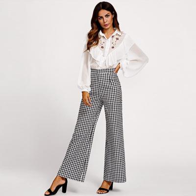 China MENGMUGE Lady Wear Wholesale Trendy Breathable Women Clothing Wide Leg Pants High Waist Checks Print Trousers For Elegant Ladies for sale