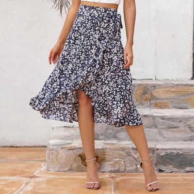 China MENGMUGE New Fashion Vintage Holiday Style Breathable Casual Irregular Floral Skirt Ruffles Side Strap Skirt Mid Length Women's Skirts Faldas for sale