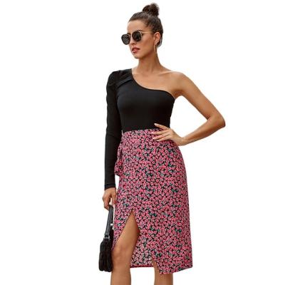 China MENGMUGE New Fashion Vintage Clothing Breathable Floral Print Casual Wholesale High Waist Irregular Midi Slit Skirts Elegant Women's Skirts faldas for sale