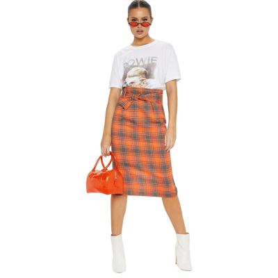 China MENGMUGE New Breathable Casual Fashion Checks Skirts With Bow Belt Bodycon Straight Skirts All-match Mid Length Women's Skirts Faldas for sale