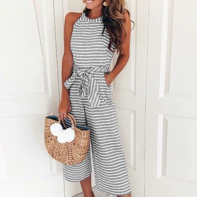 China MENGMUGE Breathable Summer Women's Striped Sleeveless Waist Belted Wide Leg Overalls Casual Beach Wear For Vacation Mono for sale