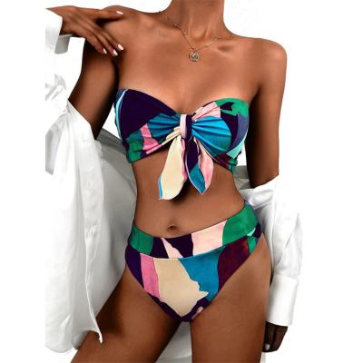 China Breathable Sexy Top Tube Bikini Ladies Bowknot Print Fabric Spandex High Waist Short Swimwear With Chest Pad for sale