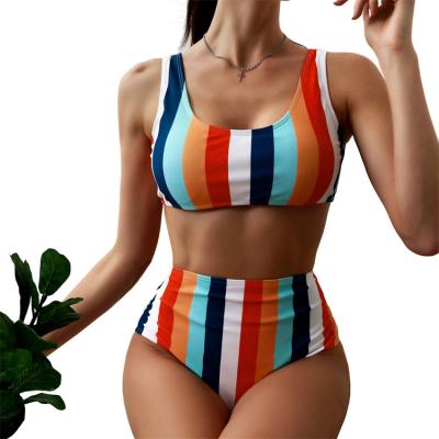 China High Waist Tummy Control High Waisted Women Beach Wear Bikini Set Breathable Custom Colorful Stripe Swimwear for sale