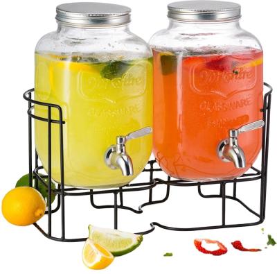 China Best Selling Freshness Preservation Double 4 L Beverage Dispenser Square Water Glass Jar With Faucet And Metal Holder for sale