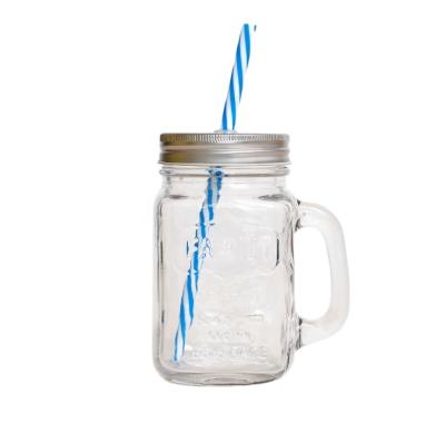 China High Quality Square Stocked Kitchen Bar 16 Ounce Clear Glass Mason Jar With Handle Straw And Metal Lid for sale