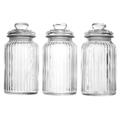 China Airtight 1000 Ml Freshness Keeping Ribbed Glass Jar With Lid Glass Food Storage Candy for sale