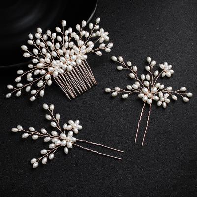 China Factory Wholesale Elegant Fashionable Cheap Pearl Bridal Jewelry Set Handmade Pearls Hair Comb Hair Pins 3pcs Newest Fashion Hair Clips Set for sale