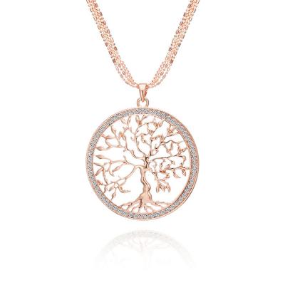 China TRENDY Round Pendant Delicate Tree of Life Necklace Rose Gold Hollowed-out Necklace Full Diamond Tree Sweater Chain Accessories for sale