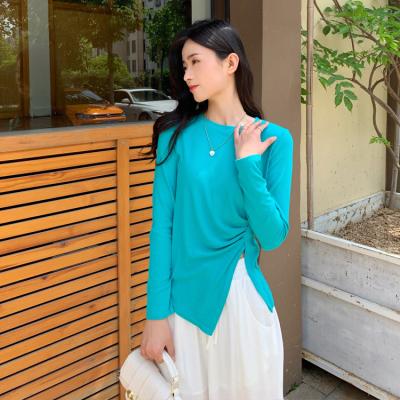 China High Quality Anti-wrinkle Fashion Casual Irregular Women Long Sleeve Asymmetric Pleated T-shirt Custom Made T-shirt for sale