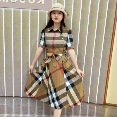 China Wholesale High Quality Anti-Static Skirt Anti-Static Slim Fit Short Sleeve Plaid Temperament Mid Length Women's Mid Length Women's Dress for sale