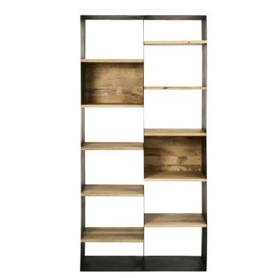 China Contemporary Industrial Black Metal Bookcase Shelf Wood Storage with Artificial Patina for sale