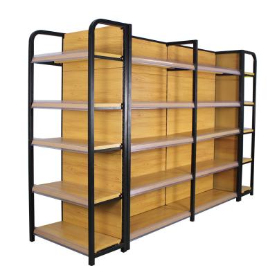 China Factory design retail direct single sided/double sided double sided gondola display racks supermarket wood grain shelves for sale