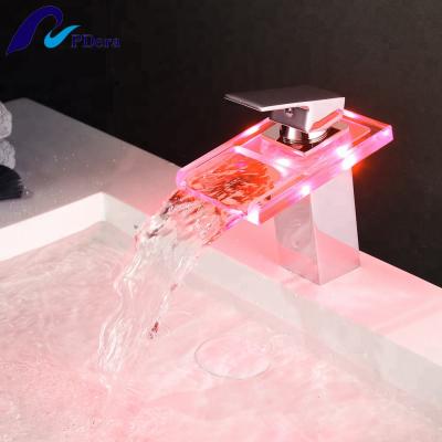 China High Quality 3 Color LED Modern Glass Waterfall Basin Metered Brass Faucet Faucets for sale