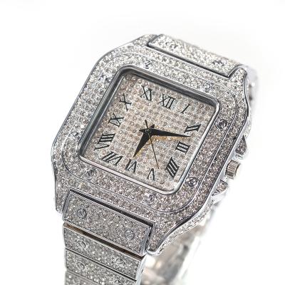 China Glazed Day/Date Square Outlet Full Watches Men Stainless Steel Fashion Rhinestone Quartz Square Business Luxury Watch for sale