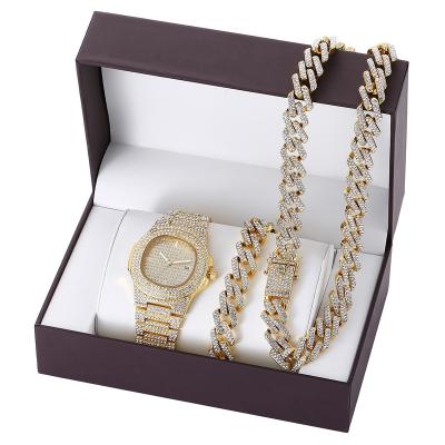 China Day/Date Cuban Chain Watch Set Necklace Watch Strap Hip Hop Gold Iced Out Rhinestone CZ Bling Paved Hitter For Mens Jewelry for sale