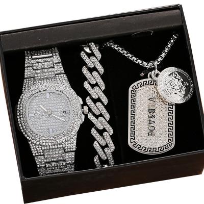 China Day/Date Hip Hop Bling Iced Out Crystal Cuban Chain Miami Zircon Men's Watch&Bracelet Set For Women Jewelry for sale