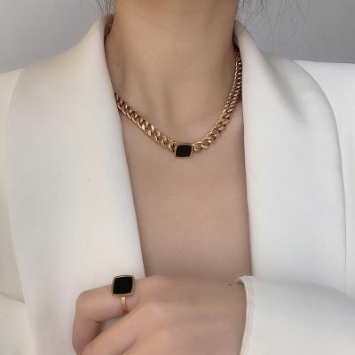 China 2021 CLASSIQUE Gold Chunky Stainless Steel Black Square Choker Chain Necklace Bracelet Ring Woman Jewelry Sets for sale