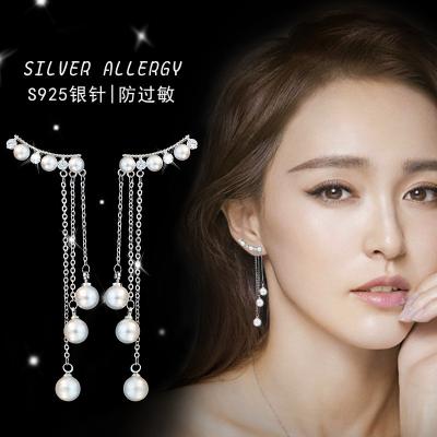 China CLASSIC Temperament Pearl Zircon Tassel Long Earrings S925 Sterling Silver Stud Earrings For Women for sale