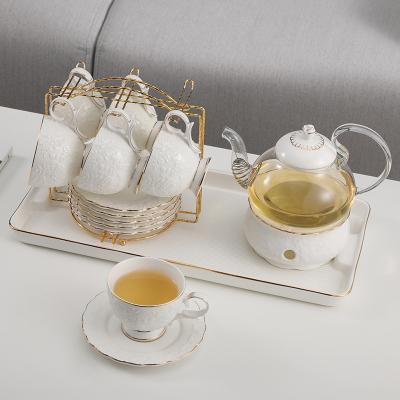 China Viable European Luxury Ceramic Coffee Mug Box Rim Afternoon Tea Set Gift Porcelain White Gold Ceramic Tea Set With Glass Teapot for sale