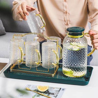 China Sustainable Good Quality Clear Beverage Ware Glass Jug Water Cup Set Juice Tea 6 Pcs Drinking Glass Pitcher Jugs Cups Sets With Lid for sale