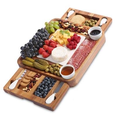 China High Grade Acacia Cheese Board Sustainable Wooden Pull-Out Double Tier Dish Wooden Cheese Board Set for sale