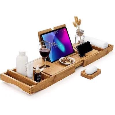 China Eco-Friendly Adjustable Luxury Bamboo Wooden Bathroom Bath Cart Tray Bathtub Board And Cart With Extend Side for sale