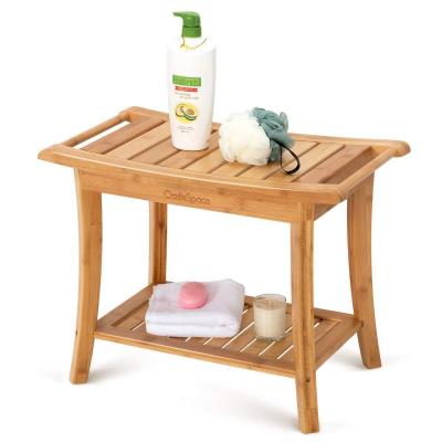 China Minimalist Waterproof Shower Chair with Storage Shelf Solid Bamboo Spa Bath Organizer Seat Stool for sale