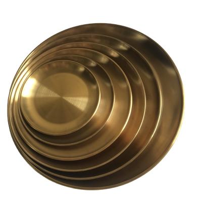 China Full stainless steel round steak tray pizza tray BBQ tableware gold dish canteen set for sale