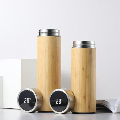 China Eco-Friendly Bamboo Stocked Custom BPA Free Drinks Bamboo Keep Hot Cold Water Smart Water Bottle With Temperature Display Lid for sale