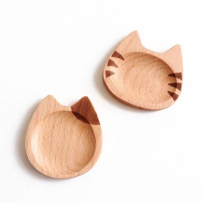 China Contemporary Japanese Style Cat Shape Beech Flavor Dish Sauce Small Eco-Friendly 100% Biodegradable Wooden Dish For Sushi Dumpling for sale