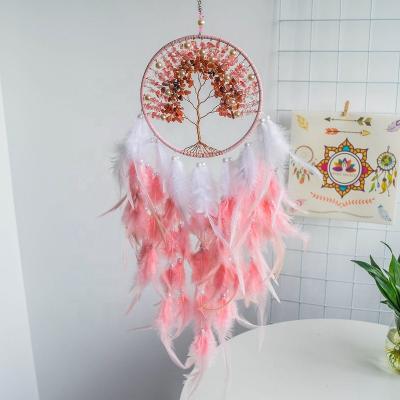 China Indian Dropshipping Rose Amethyst Crystal Dreamcatcher Handmade Hanging Tree of Life Gemstone Dream Catcher for sale