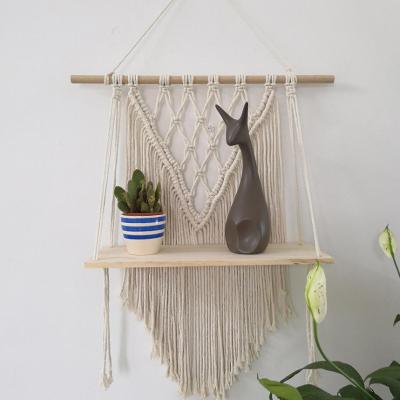 China 2021 Bohemian handmade wood home decor custom macrame shelf wall hanging for living room bedroom for sale