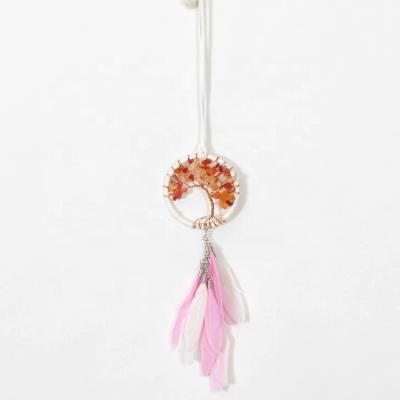 China Dropshipping Indian Dreamcatcher Life Catcher Pink Feather Mini Dreamcatcher Gemstone Tree For Car for sale