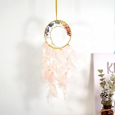 China Indian Handmade Dream Catcher Feather Wall Hanging Gemstone Pink Tree of Life Catcher for sale