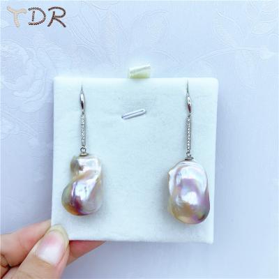 China High Quality Freshwater Pearl Irregular Core Size 16-22 Mm Baroque Freshwater Pearl Purple Color Finished Earring Jewelry With Silver Shine for sale