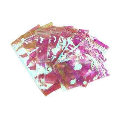 China Pink Recyclable Hologram Front Smell Proof Holographic Packaging Clear Plastic Reusable Hologram Laser Zip Lock Food Storage Pouches Bags for sale