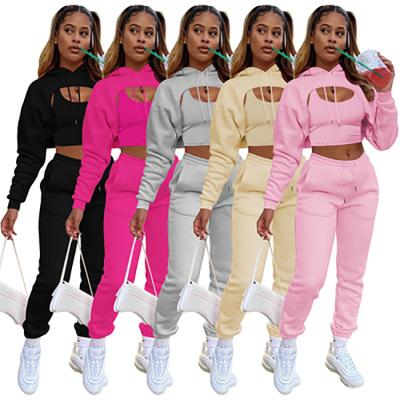 China Breathable Winter Autumn Style 3 Piece Solid Color Fashion Cotton Vest Pants Long Sleeve Fleece Drawstring Hoodie Women Jogging Set for sale