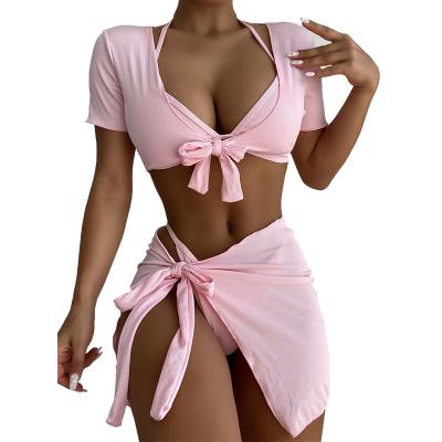 China Breathable Sexy Ladies Solid Color Sleeve Swimwear Halter Bikini Four Pieces Party Bikini Swimwear Set For Women for sale