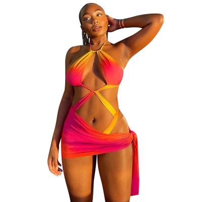 China Summer Fashion Bikini Swimwear Halter Tie Up One Piece Swimwear Gradient Color Cut Out Cover Up Beach Dress for sale