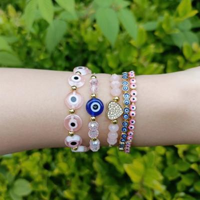 China BOHEMIA Pink Devil's Eye Beaded Bracelet Set Diamond Love Eye Crystal Beaded Bracelet Copper Women's Gift for sale